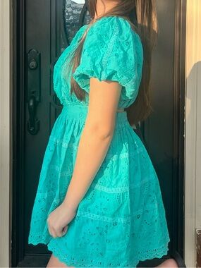 Bright Turquoise Eyelet Puff Sleeve Mini Dress 2 piece